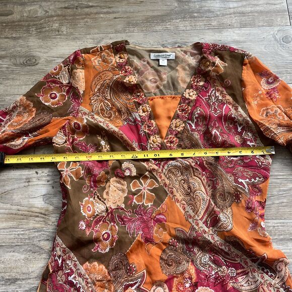 Desi Y2K Top Beading Floral Flowy Mesh Vintage Medium Orange Coldwater Creek - Picture 7 of 8